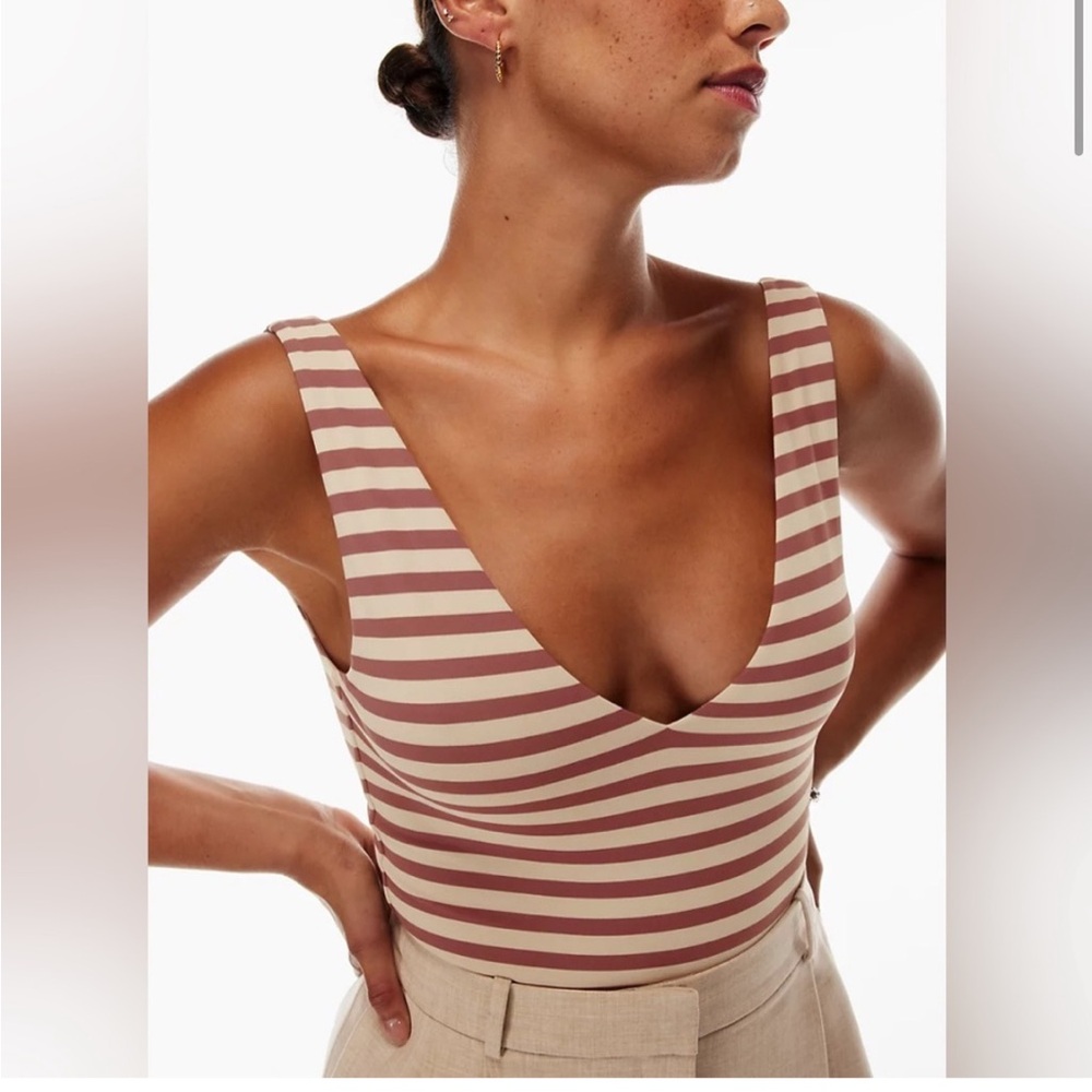 Aritzia Babaton Bodysuit V-Neck Striped Neutral Size XL